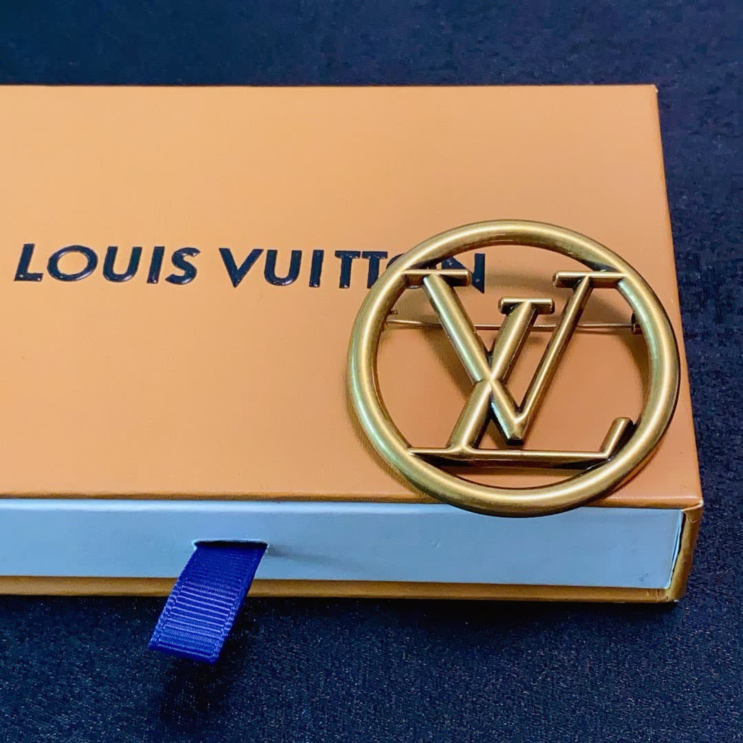 Louis Vuitton Gold Tone Logo Brooch